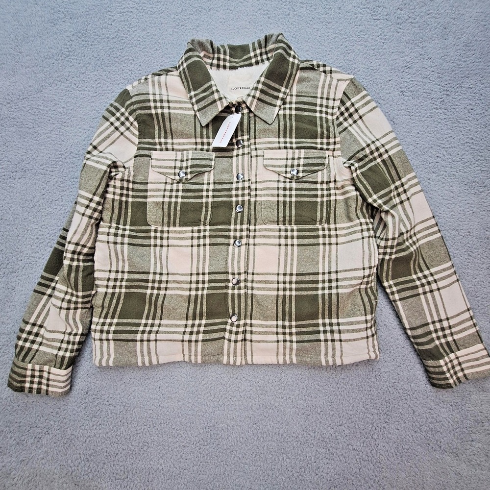 Lucky‎ Brand Shirt Jacket Womens Medium Green Plaid Flannel Sherpa Lined Shacket